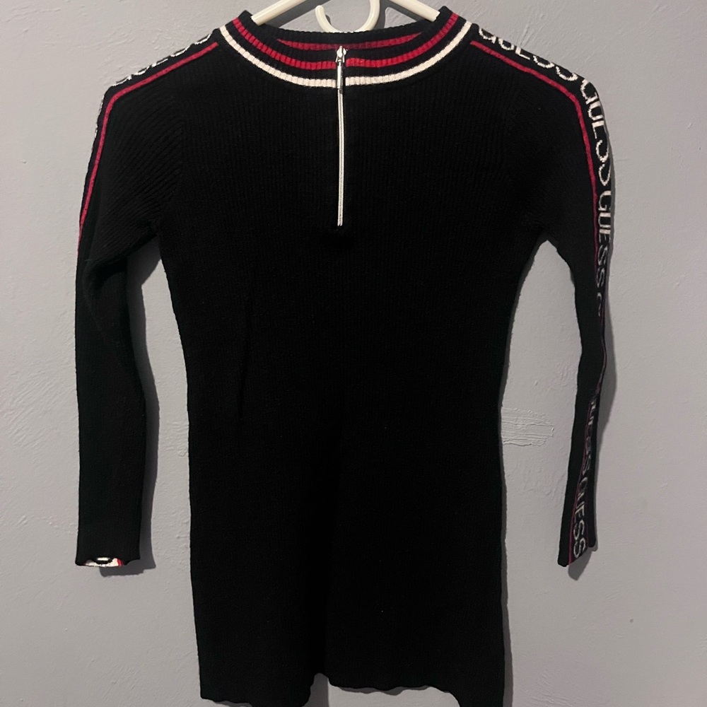 GUESS Black Knit Long-Sleeve Sweater Dress with Red and White Trim
